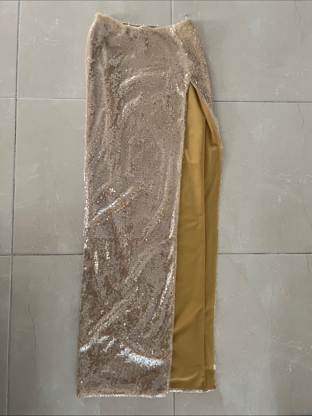 Oh Polly Gold Sequin Maxi Skirt with Lined Slip